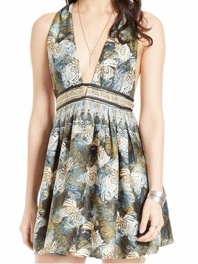 Free People Daydreamin Green + Yellow Botanical Floral Print Mini Dress, Size S
